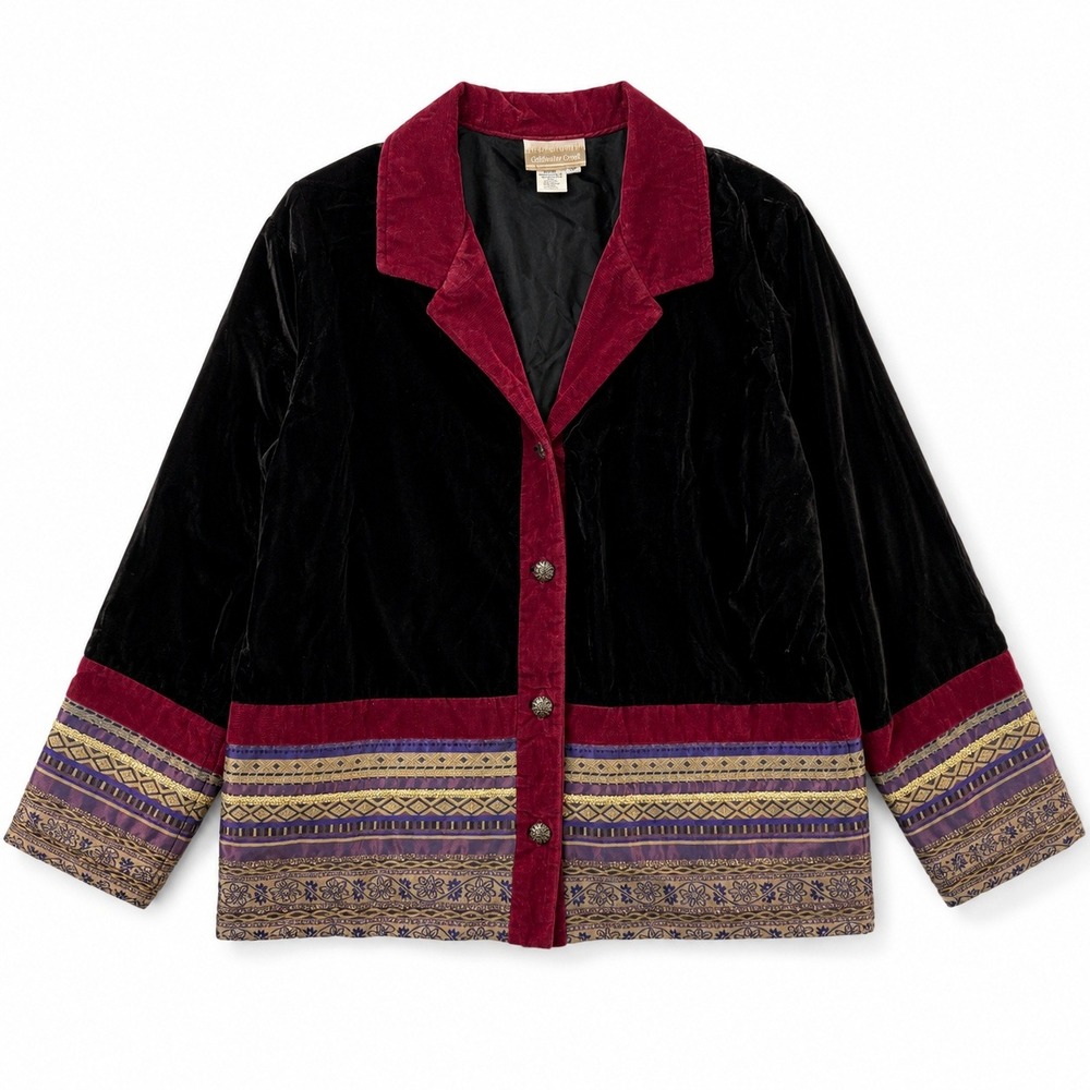Vtg 90s ColdwaterCreek Velvet Tapestry Patchwork Jacket Burgundy Boho Whimsigoth
